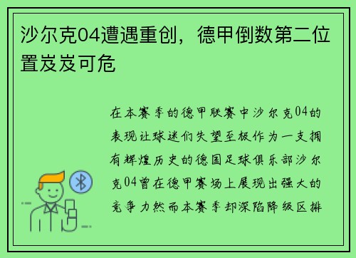 沙尔克04遭遇重创，德甲倒数第二位置岌岌可危